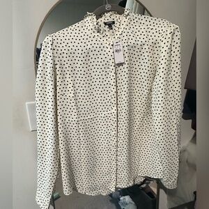 Express Women's White Button-Front Shirt with Black Polka Dots